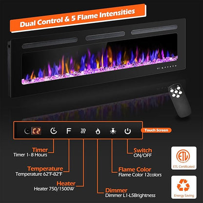 60" Electric Fireplace Wall Mounted and Recessed