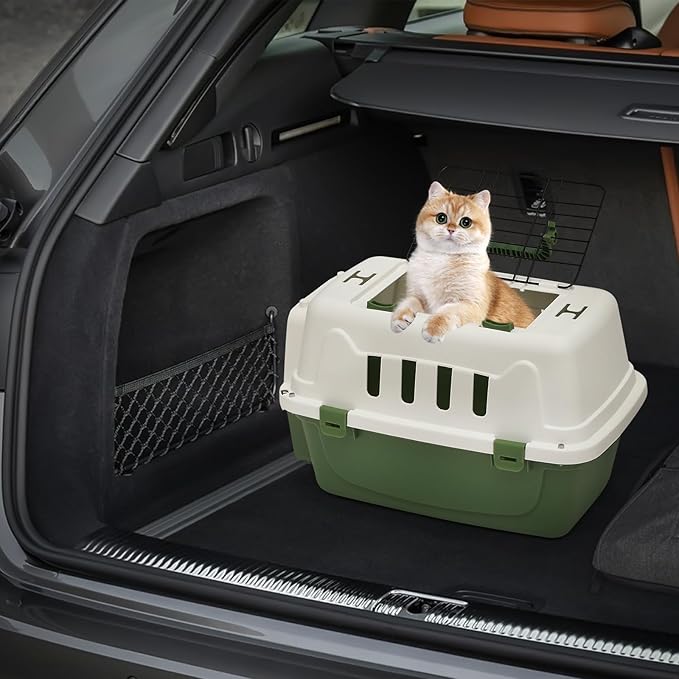 MoNiBloom 18-Inch 2-Door Top Loading Cat Carrier, Plastic Dog Crate Hard-Sided Dog Travel Carrier for Small Dogs and Cats, Ventilation and Security Lock Design for Pets up to 10 lbs (Green)
