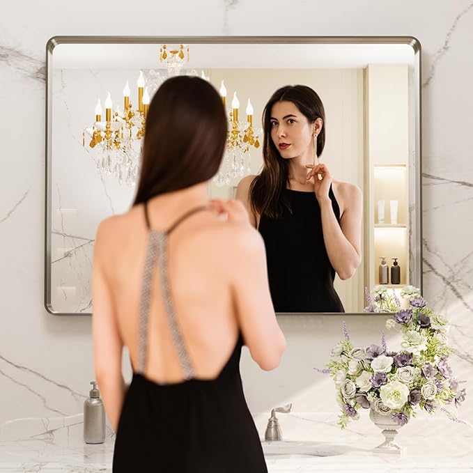 LOAAO 40X30 Inch Brushed Nickel Bathroom Mirror, Rounded Rectangle Silver Metal