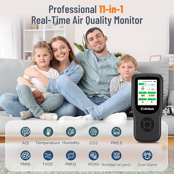 LifeBasis Air Quality Monitor Indoor, 11-in-1 Air Quality Detector
