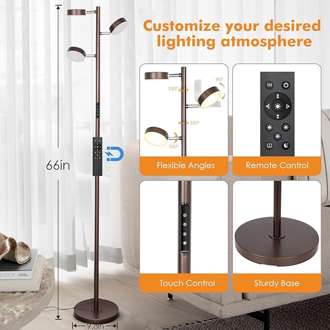 Dimmable LED Floor Lamp with Remote Modern Tall Standing Lamp with 3 Adjustable Heads Light Touch Control 4 Color Temperatures Timer Tree Floor Lamps for Living Room Bedroom Office Reading, Brown