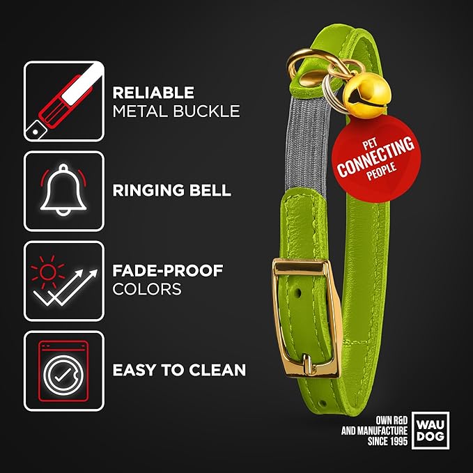 WAUDOG Ultra Soft Rolled Leather Cat Collar with Removable Bell, Safety Elastic Strap and QR ID Tag - Soft Padded for Small, Medium, and Large Cats - Round Kitten Collar for Male and Female Cats