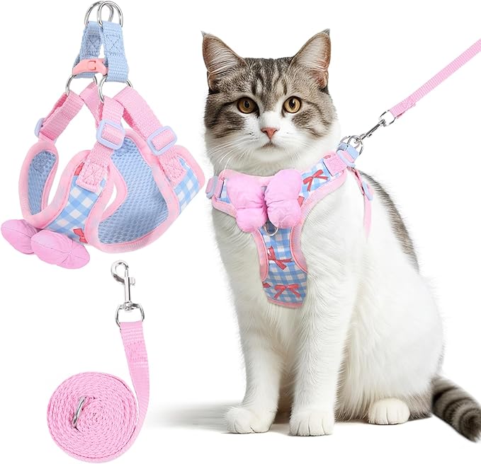 Cat Vest Harness and Leash Set for Walking Escape Proof, Adjustable Kitten Harness and Leash Set Breathable Mesh with Bow Harness for Kitty Puppy Bunny（Pink Medium）