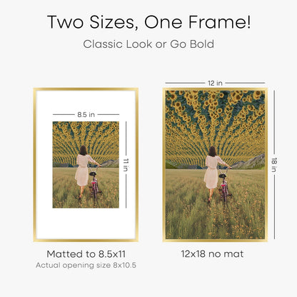 Homeforia 12x18 Picture Frame Gold, High End Metal 12x18 Poster Frames with Mat 8.5x11 Photo, 12 x 18 Gold Frame Matted to 8.5 by 11 Print, 18x12 Thin Hanging Frame, Tempered Glass, Wall Kit, Set of 1