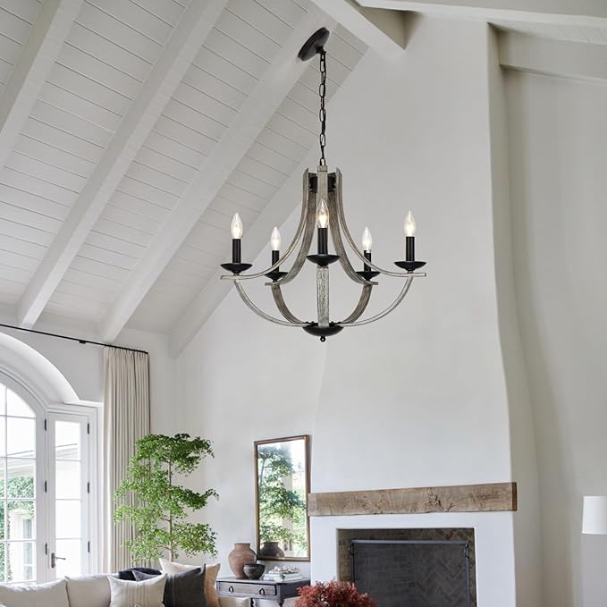 Farmhouse Chandeliers for Dining Room Light Fixture, 5-Light 24 inch Faux Wood Texture Hanging Lighting Fixtures,Rustic Candle Chandeliers for Living Room Kitchen Island Foyer Entryway