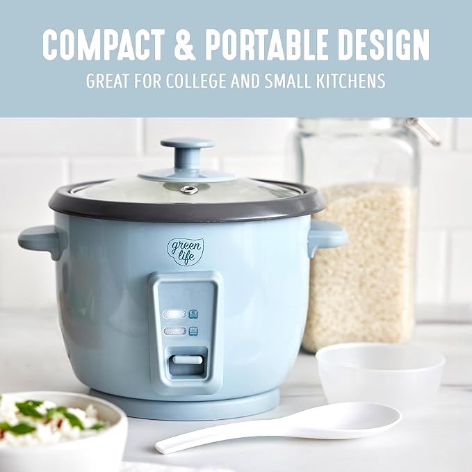 GreenLife Rice Cooker with Removable PFAS-Free Ceramic Nonstick Pot, 3-Cups