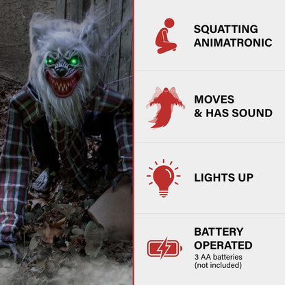 Haunted Hill Farm Squatting Werewolf Animatronic with Movement,Sounds,and Light-Up Eyes for Scary Halloween Decoration,24 x 18 x 30
