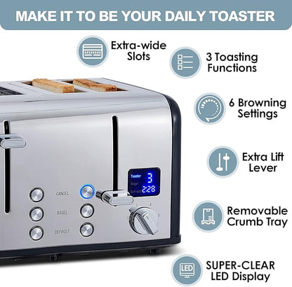 CUSIMAX 4 Slice Toaster, Stainless Steel, Ultra-Clear LED Display & Extra Wide