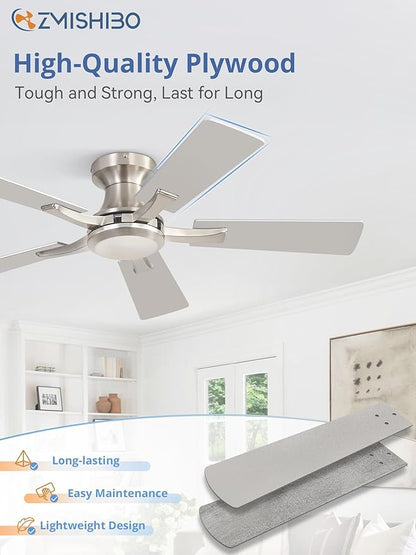 ZMISHIBO 42 Inch Ceiling Fan No Light, Flush Mount Low Profile, Modern Nickel