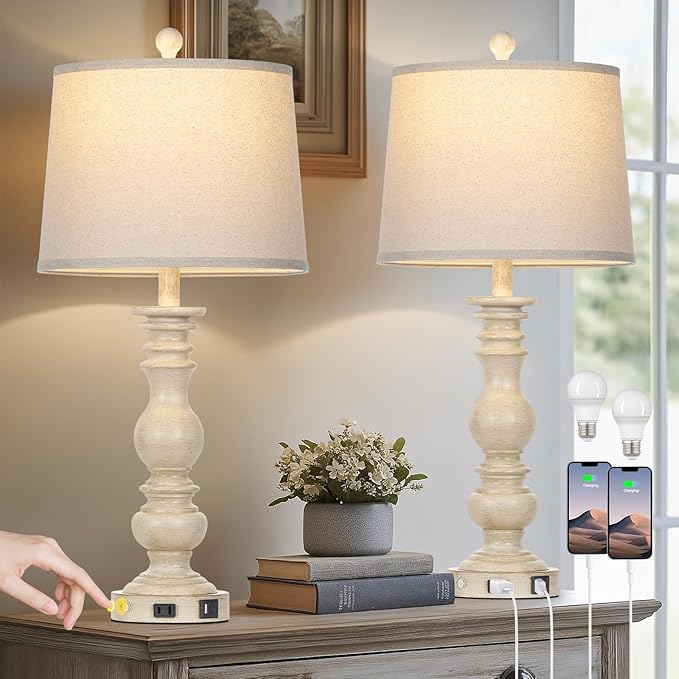 28" Farmhouse Table Lamps Set of 2 with USB C+A Ports & AC Outlet for Vintage Living Room Retro Bedroom,3-Way Dimmable Touch Lamp Resin Bedside Lamps for Nightstand Side End Table, Beige