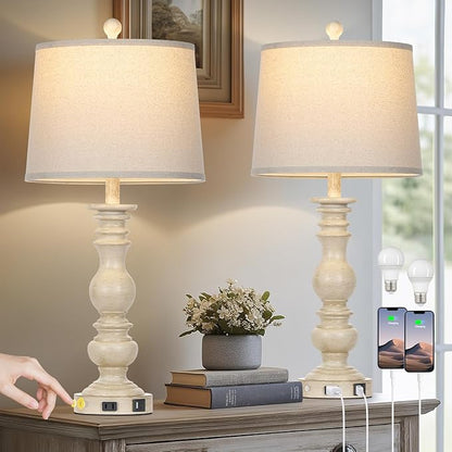 28" Farmhouse Table Lamps Set of 2 with USB C+A Ports & AC Outlet for Vintage Living Room Retro Bedroom,3-Way Dimmable Touch Lamp Resin Bedside Lamps for Nightstand Side End Table, Beige