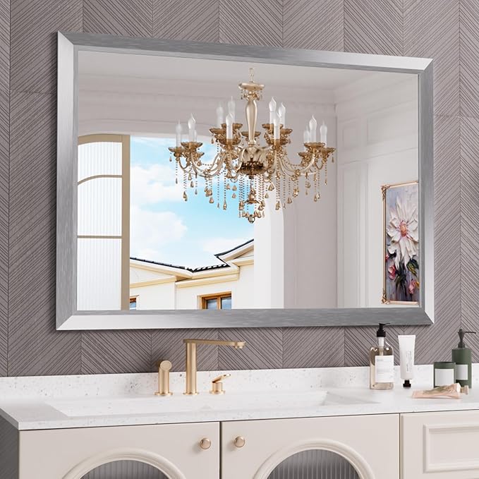 Amorho 50 X36 Inch Bathroom Mirror Silver, Thick Metal Framed Wall Mirrors