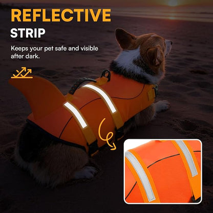 Dog Life Jacket, Dog Life Vest for Swimming, Medium Dogs Shark Swimming Safety Vest Adjustable Preserver with High Buoyancy, Pet Lifesaver for Medium Dogs, Orange M