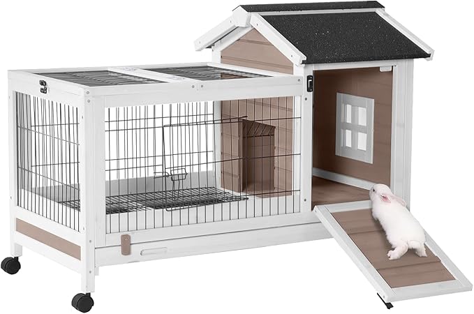 Aivituvin Rabbit Hutch Indoor Bunny Cage Outdoor Bunny House with Wire Floor Leakproof Plastic Tray, Brown
