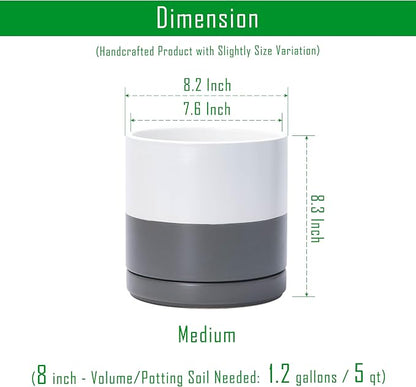 D'vine Dev 8.2 Inch Ceramic Planter Pot, White/Grey, 94-O-D-6 | Modern Cylinder Design, Drainage Hole & Saucer Included, Stable Structure, Elegant Home Accent