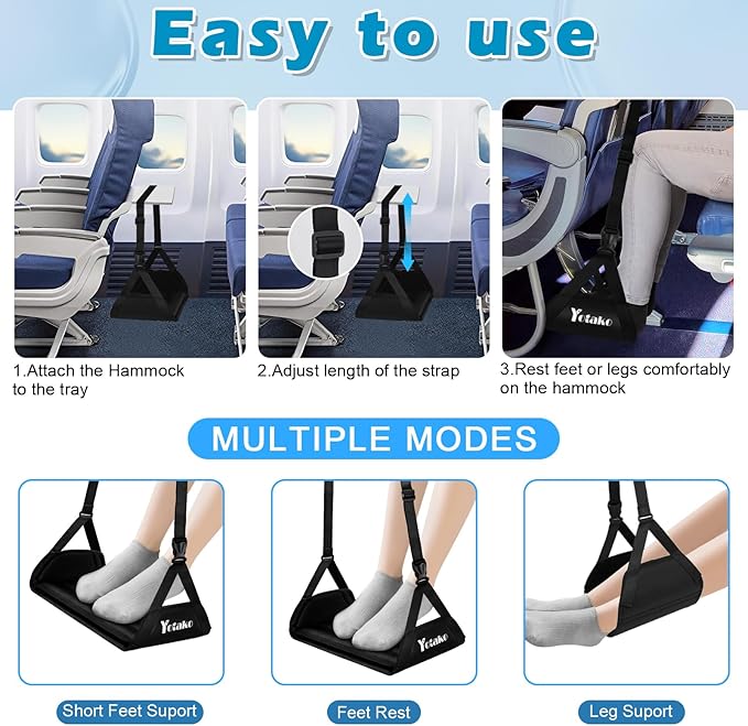 Yotako Airplane Foot Hammock-Removable Wide Bamboo Airplane Foot Rest with Extended Adjustment Strap, Desk Foot Hammock to Relax Your Feet Foot Sling Travel Essentials with Storage Pouch, Black
