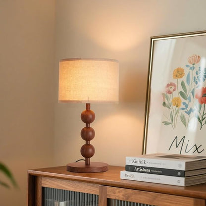 Bedside Nightstand Table Lamp for Bedroom Red Wood Pattern Iron Lamp with Fabric Shade, Mid Century Modern Farmhouse Table Lamp Desk Lamp for Living Room Home Office with LED E26 Bulb