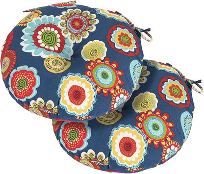 Magpie Fabrics Outdoor Round Bistro Seat Cushions with Ties, 15"x15"x4" Set of 2, Tufted Waterproof Barstool Chair Pads for Patio Home Garden Office, Floral Navy