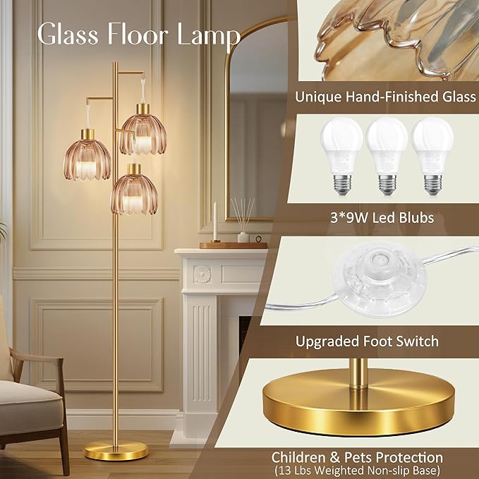 COTTHOS Floor Lamp for Living Room, Modern Standing Lamp Brass Glass Green Tree 3 Light Tall Floor Lamps for Bedroom & 800 Lumens LED Bulbs, Vintage Flower Lamp Shade Farmhouse Boho Bohemian Gold