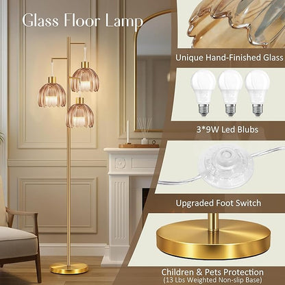 COTTHOS Floor Lamp for Living Room, Modern Standing Lamp Brass Glass Green Tree 3 Light Tall Floor Lamps for Bedroom & 800 Lumens LED Bulbs, Vintage Flower Lamp Shade Farmhouse Boho Bohemian Gold