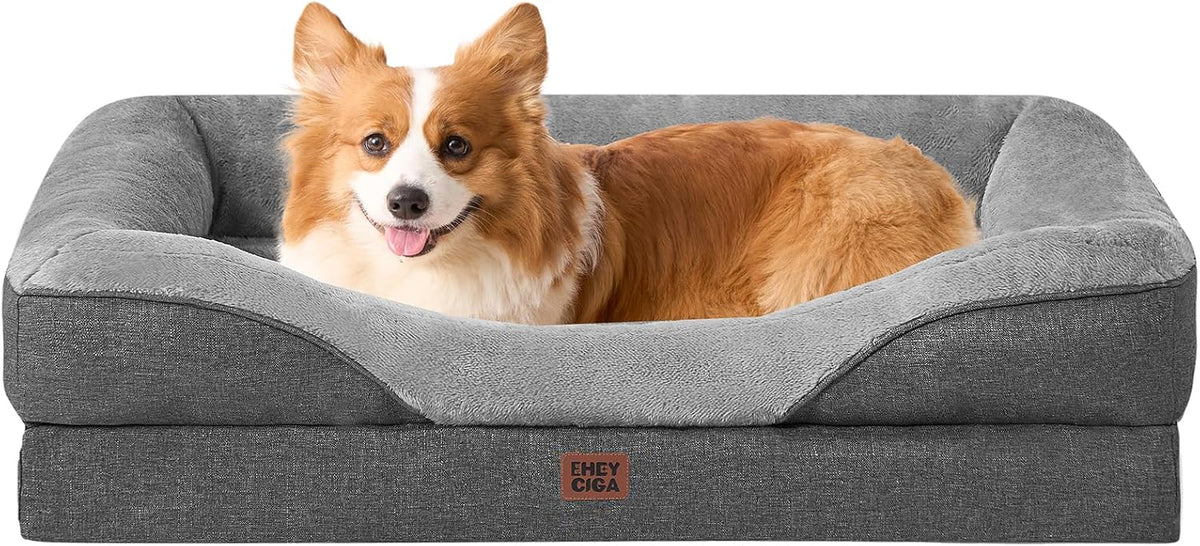 EHEYCIGA Memory Foam Dog Bed for Medium Size, Orthopedic Dog Sofa with Sides and Waterproof Liner, Washable Bolster Pet Couch with Removable Cover, 35x22x6.5 Inch, Grey