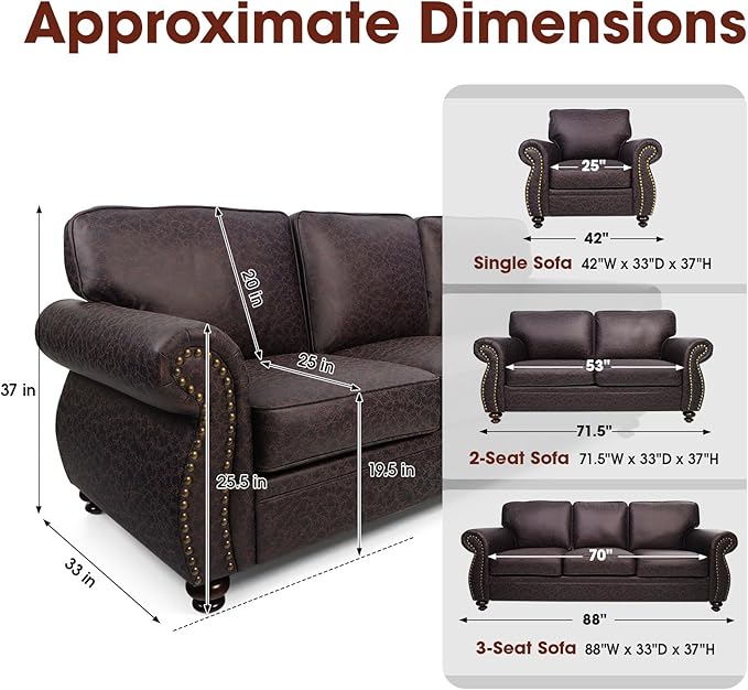 Couchus Living Room Furniture Sets,Sofa Sets and Couch Sets for Living Room,Mid-Century Vintage Sofa Couches with Rivet Design (Brown, Single+Loveseat)