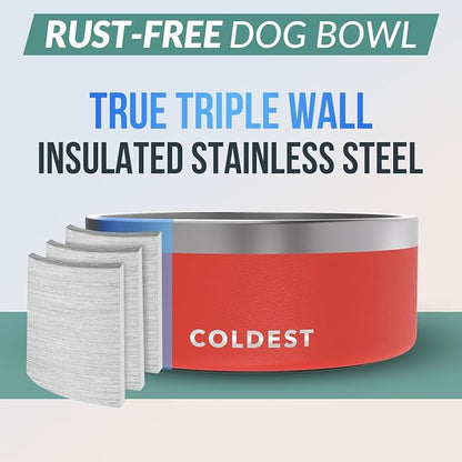Coldest Dog Bowl - Anti Rust Metal, Non Slip, 3 Layers Insulated Stainless Steel Dog Bowls - Spill Proof & Heavy Duty - Water Bowl for Dogs, Cats & Pets, Dish Washer Safe (100 oz, Crimson Red)