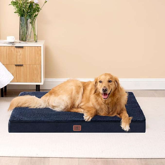 EHEYCIGA Orthopedic Dog Bed Large with Removable Washable Cover, 35IN Navy | Egg Crate Foam Support, Durable Oxford fabric, Non-Slip Bottom, Machine Washable, Soft Waterproof Plush Pet Bed Mat For Crate