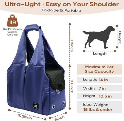 Dog Purse Carrier for Small Dogs, Cats, and Puppies – Soft-Sided Travel Pet Tote Bag with 4 Large Pockets, Foldable, Lightweight, Fits Pets up to 15 lbs, for Travel, Outings (Dark Blue)