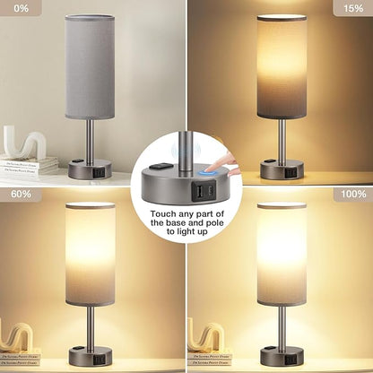 Fenmzee Grey Bedside Table Lamp for Bedroom - 3 Way Dimmable Touch Lamp USB C Charging Ports and AC Outlet, Small Lamp for Living Room, Desk, LED Bulb Included