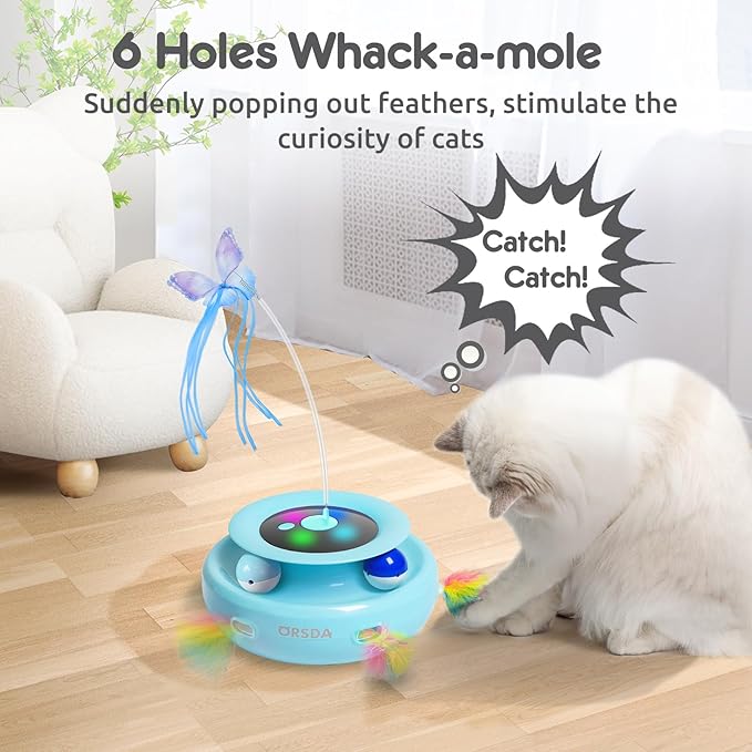 ORSDA Cat Toy, 3-in-1 Automatic Interactive Electronic Moving Ambush Feather, Fluttering Butterfly, Track Balls, USB Rechargeable Powered Smart Indoor Exercise Kicker