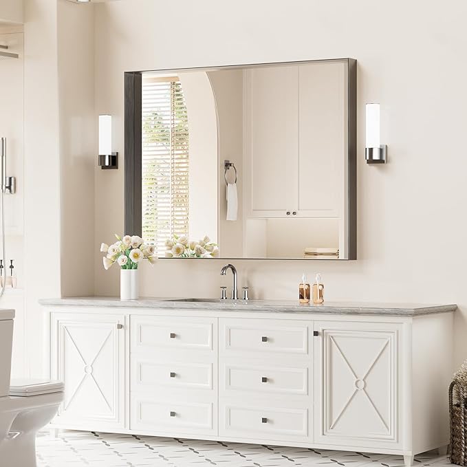Koonmi 30x40 Inch Black Metal Framed Bathroom Mirror
