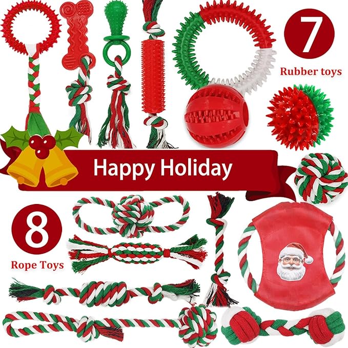 Beiker Christmas Dog Toys Bulk 15 Pack, Puppy Chew Toys for Teething Small Medium Puppies, Holiday Christmas Themed Presents Gifts Box Including Variety Tough Rubber and Rope Toys
