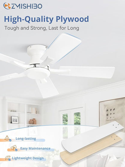 ZMISHIBO 42 Inch Ceiling Fan No Light, Flush Mount Low Profile, Modern White