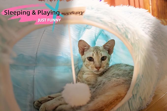 XxingSheep XL Cat Tunnel with Bed for Indoor Cats Peekaboo Cat Cave Donut Toy with Warm Mat,Azure Blue
