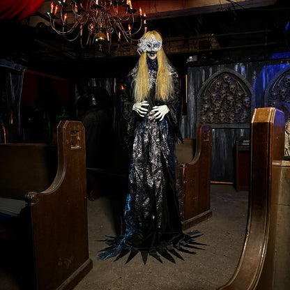 Haunted Hill Farm 5.5-Ft Animatronic Animated Standing Masquerade Lady, Halloween Animatronic, Spooky Venetian Masquerade Prop, Creepy House Party Decoration, Touch-Activated Lights & Sound, Life-Size