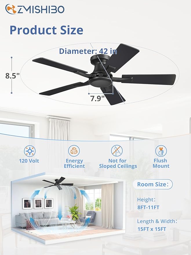 ZMISHIBO 42 Inch Ceiling Fan No Light, Flush Mount Low Profile, Modern Black