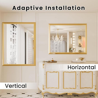 Amorho Bathroom Mirror, 40x36 Inch Golden Thick Metal Framed Wall Mirrors