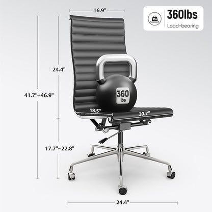 OTDMEL Armless Ribbed Office Desk Chair with Top Grain Leather, High Back Ergonomic Swivel Room Chair, Adjustable Height 5-Star Base, Black