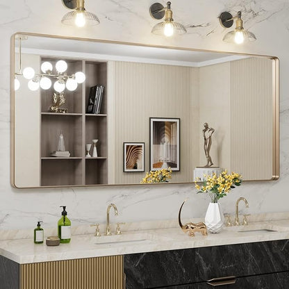 LOAAO 72”X32” Gold Bathroom Mirror, Rounded Rectangle Gold Frame Mirror