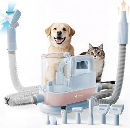 Dog Grooming Vacuum Kit with Clippers, 7-in-1 Pet Hair Grooming Set for Dogs, Hair Dryer with 3 Heat Settings, 11000Pa Suction, 2.5L Dustbin(Powder Blue & Pink)