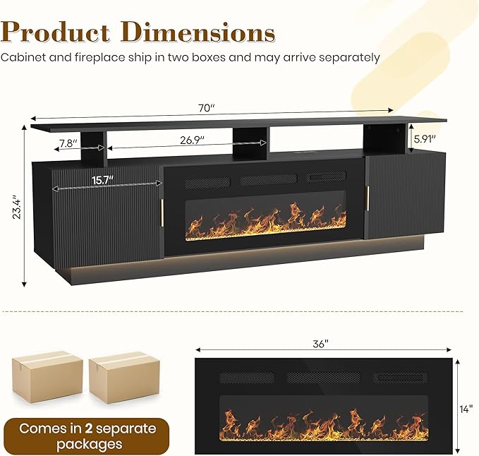 70” Fluted TV Stand with 36” Electric Fireplace, 2 Tier TV Console Cabinet with