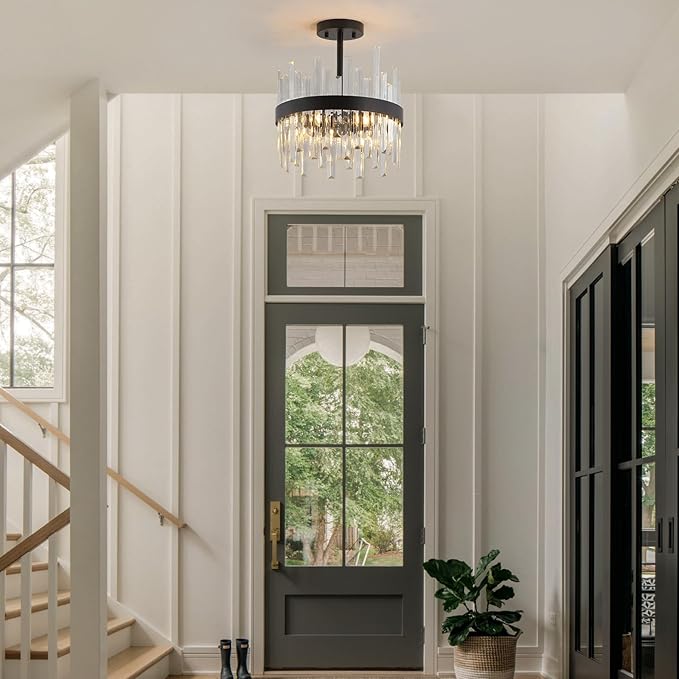 Black Semi Flush Mount Ceiling Light Fixture, Foyer Kitchen Lighting Fixtures Ceiling Modern Hallway Light Fixtures Ceiling Mount Lights for Bedroom, Bathroom, Laundry Room, Entryway, Hallway