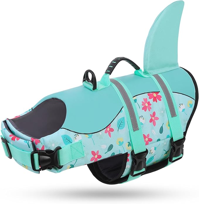 Dog Life Jacket, Dog Life Vest for Swimming, Doggie Shark Swimming Vest with Rescue Handle, Adjustable Reflective Pet Lifesaver Preserver for Small Dogs, Blue Flower XS