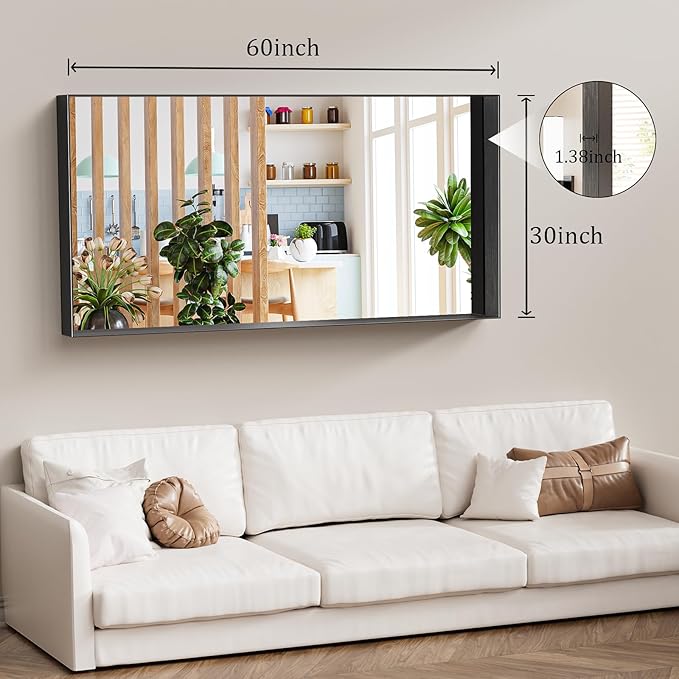 Koonmi 30x60 Inch Black Metal Framed Bathroom Mirror