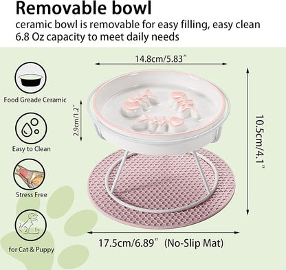 Ceramic Elevated Slow Feeder Cat Bowl, Anti Vomit, Removable Dish Pink | Removable Ceramic Bowl Elevated Slow Feeder Whisker-Friendly Wet & Dry Food Metal Stand