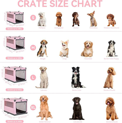 PETSFIT 26" Soft Portable Dog Crate – Patented Spiral Sturdy Frame, Collapsible Travel Kennel for Small Dogs, 3 Mesh Door, Lockable Zippers, Indoor & Car Use Pink