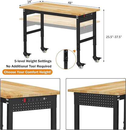 Betterhood 48" Adjustable Workbench on Wheels, Rubber Wood Heavy Duty Workstation with Power Outlets&2 Pegboards, 2000 Load Capacity Hardwood Worktable for Workshop, Garage, Office, Home, Commercial