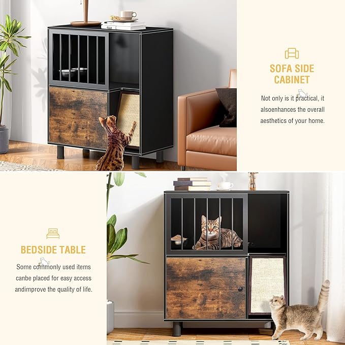 Dog Proof Cat Feeding Station, Cat Feeding Station with Scratching Board, Raised Bowls for Indoor Cats, Elevated Food Bowls with Stand, Vintage Black Furniture