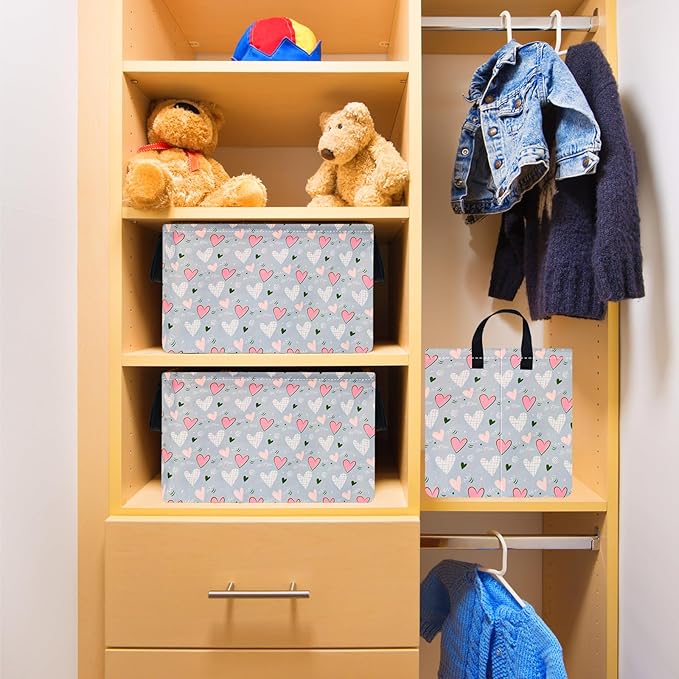 Rec Heart Print Box Hamper Storage Basket Collapsible Organizer Bin Gift Shelf Baskets for Home and Kitchen Storage